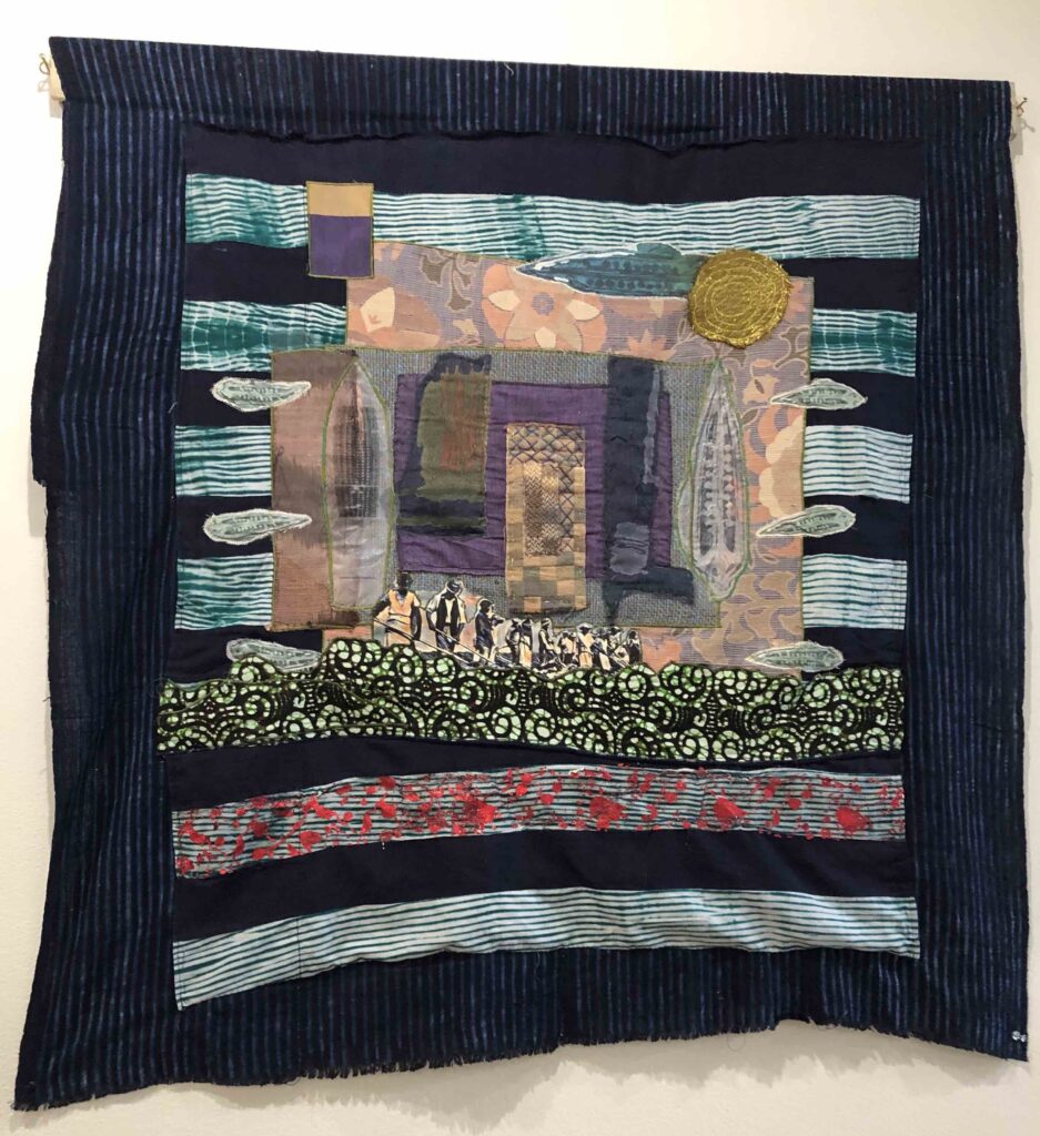 Figure 3. “What We Brought from Home: Indigo and Okra, Blood, Sweat, Tears” quilt by Diana Baird N’Diaye. (Photo: Kathy Foley)