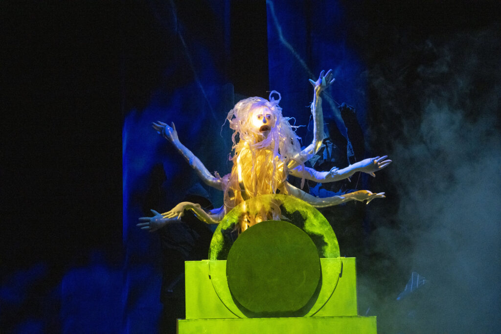 Figure 4. Aurelia rises as the Medusa in The Immortal Jellyfish Girl. Wakka Wakka ensemble. (Photo: Richard Termine)